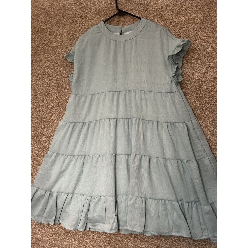 Foteisy Ruffle Short Sleeve Babydoll Mini Swing Cake Dress In Baby Blue Size L